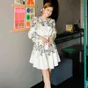 Nowy Runway Moda Sukienka z pasem 2021 Jesień Kobiety Odzież Długi Rękaw Puff Boho Vintage Kwiatowy Dress Round Neck Mini Dress Y1204