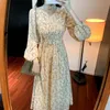 Lässige Kleider COIGARSAM Frauen Langes Kleid Herbst 2022 Blumendruck Chiffon Hohe Taille V-Ausschnitt Kirschblüte Gelbe Robe