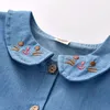 デニム刺繍ガールドレス春の新しいデザインターンダウンカラー長袖スリム子供服2021新しいカワイイドレス1-5T Q0716