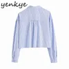 Blue Striped Blouse Shirt Women Lapel Collar Long Sleeve Pockets Plus Size Blusas Female Streetwear Summer Crop Top 210430