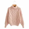 Turtleneck Knitted Twist Sweater Pullovers Women Blue Vintage Casual Jumpers Winter Oversized Tops 210427