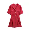 Womenturn Down Collar Summer Solid Red Green Pocket Rompers Jumpsuit Short Sleeve J0120 210514