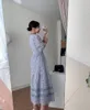 Hight Quality Fashion Elegant Runway Crochet Lace Dress Women's Long Lantern Sleeve Stand Collar A Line Dress vestidos 210514