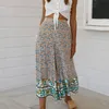 Boho Print Chiffon Suits Sexy Long Sleeve Deep V Crop Tops High Waist Casual Elegant Wide Leg Long Trousers Summer Sets Femme 210507