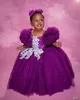 Purple Lace Crystals Flower Girl Dresses Ball Gown Tulle Elegant Lilttle Kids Birthday Pageant Wedding GOWNS 407