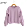 Zevity Moda donna increspature manica lunga casual felpe larghe femme basic o collo felpe per il tempo libero chic pullover top S403 210603