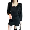 оптовая! Женский квадратный воротник Французский ретро Hepburn черный рисунок обратно платье свет роскошные схемы юбки