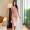 French Style Vintage Kwadratowy Kołnierz Rękaw Puff Rękaw Midi Party Dress Damska Ol Elegancka Streetwear Backless Kobiet Bodycon Dress Y1204