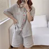 Vêtements de nuit All Match Loose Sweet Homewear Été Géométrique Chic Plaid Nightwear Femmes Filles Pyjamas Ensembles 210525