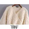 TRAF Moda Moda Envoltório Amarrado Hem Cropped Cable-Knit Cardigan Sweater Vintage Manga Longa Feminina Outerwear Chique Tops 211011