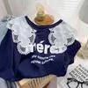 Kimutomo Sweet Letter Print T-shirt Lace Embroidery Peter Pan Collar Short Sleeve Clothes Female Summer Korean Chic Tops 210521