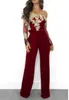 女性用ジャンプスーツは肩レースのエレガントなエレガントなジャンプスーツ女性花柄の刺繍メッシュロンパーワイドレッグP237O