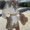 Tracksuits das Mulheres 2021 Verão Outono Floral Imprimir Botão 2 PCS Front Manga Longa Top Shorts Set Mulheres Terno