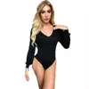 Spring Fall Women V-Neck Bodysuits Puff Sleeve Noir Casual Long Sexy Spanex Basic Con Jumpsui Femme Hiver 210604