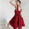 Women Dress Red Sweet Sleeveless Floral Embroidry Design Temperament Loose Fit Fashion Summer 2H897 210526