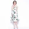 Vrouwen zomer ontwerper elegante roos print ruches sexy cocktail party robe vrouwelijke vintage witte mouwloze jurk vestidos 210525
