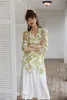 Mousseline de soie Floral Long Blouse Femmes Manches Haute Basse Fleur Dames Top Revers Lace Up Jaune Coréen 210427