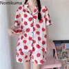 Nomikuma Sweet Clobberry Parted Women Двухсетейные набор Универсальный воротник с коротким рукавом рубашка высокая талия шорты дома одежда для одежды 210514