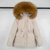 Janveny Big Naturel Fourrure De Raton Laveur À Capuche 90% Duvet De Canard Veste Taille Rétractable Femme Parkas Hiver Femmes Épais Chaud Pardessus 211108