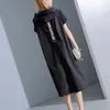 Xitao hoodie svart midi klänning kvinnor kortärmad plus storlek elegant kvinna kläder pullover en linje fest klänning ky428 210630