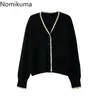 Nomikuma Contrast Color Single Breasted Vintage Cropped Cardigan Women V Neck Long Sleeve Casual Loose Sweater Korean Tops 3c561 210514