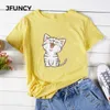 Jfuncy söt meow katt tecknad film tryckta kvinnor t-shirt plus storlek bomull tee tops kortärmad sommar kvinna tröjor ny kvinna tshirt y0629