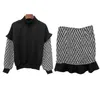 Women Two Pieces Set Black Beige White Plaid Pullover Stand Collar Long Sleeve Top Tweed Mini Skirt T0154 210514