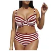 Plus Size Split Swimsuit 2021 Striped Bowknot High Waist Bandeau Women's Bathing Suit Fatos De Banho Para Senhoras Swimwear