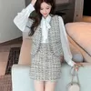 Höst mode designer koreanska 3 stycken uppsättning kvinnor outfits båge krage vit skjorta + väst tweed jacket coat mini ull kjol 210514