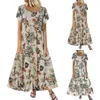 Sukienki dla kobiet Maxi Drcasaual Floral Printed Krótki Rękaw Boho Bawełna i Linna Długie Maxi Drobe Longue Femme TRF X0621