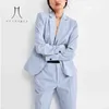 Heydress Femmes Automne Solide Élégant Blazer Costume OL Bouton Unique Pantalon Bleu Costume Femme Costumes De Bureau Formel Travail Costumes Élégants 210727