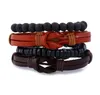 Brown Leather Multilayer Wooden Beads Charm Bracelets Set Adjustable Mens Punk Handmade Braided Rope Bangle Jewelry