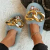 Furry Slides Fluffy Tongs Big Gold Chain Pantoufles En Peluche Maison Sandales Plates De Luxe Fausse Fourrure Pantoufles Dames Mode Fourrure Chaussures H0914