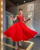 Aso Ebi 2021 Árabe Tallas grandes Rojo Elegante Vestidos de noche sexy Sin tirantes Una línea Longitud de té Fiesta formal Fiesta Segunda recepción Vestidos ZJ466