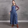 Johnature Femmes Denim Imprimer Robe Florale Poches Sans Manches Bleu Vintage Taille Haute Vêtements Automne A-Line Robe Femme 210521