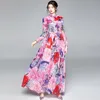 Floral Print Wrist Sleeve Long Maxi Boho Klänning Lady Red Flower Chiffon Luxury Dreeses Casual Vestido de Mulher 210421