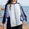 Vår O-neck patchwork långärmad blusar för kvinnor mode träff färg design pullover casual lösa kvinnliga toppar 210525