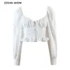 Vintage Long Sleeve Bandage Cross Lacing up Cropped Shirt Women French style Ladies Wood ears Dropped Slim Crop Top Sexy blouses 210429