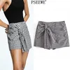 Damska Skort Za Black White Plaid Wysokiej Talii Krótka Spódnica Kobieta Moda Gingham Front Knot Casual Summer Shorts 210724