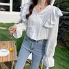 Koreaanse katoenen mode vrouwen blouses v-hals lange mouw losse witte vrouwen shirt gegolfd Latern office lady stijl 12011 210508