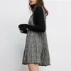 エレガントな女性グレーの格子縞のドレスのファッションレディースVネックプリーツミニVestidosストリートウェア女性シックなサスペンダードレス210430