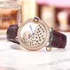 Fashion Ladies Watches 36mm Conch 3D Leopard Dial Swiss Quartz Womens Watch Sapphire Rose Gold Steel Diamond Bezel Leather Strap H8211477