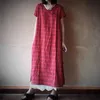 Johnature Summer Red Plaid Retro Dress Vintage O-Collo in lino manica corta Plus Size Women Loose Casual Dress 210521
