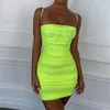 Neon Green Strapless Bodycon Mini Vestido Mulheres Verão Plissado Partido Es Malha De Gaze Malha Clube curto 210517