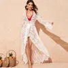 Seksi Dantel Beyaz Uzun Hırka Mayo Kapaklama Yaz Zarif Trompet Kollu Plaj Güneş Kremi Dış Giyim Bikini Örtüsü Ups Kadınlar kadın Mayo
