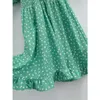 Vuwwwyv Sukienki dla kobiet Chic Green Print Ruffle Ruched Midi Kobieta Sukienka Lato Krótki Rękaw Puffowy Front Krawat Vestidos 210430