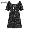 Yitimuceng blommigryck Klänningar Kvinnor Sommarbåge Lace Up Puff Sleeve Hög midja A-Line Black AprikoT Koreanska Fashion Dress 210601