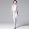 ファッションスプリングデザイナー2ピースセット女性エレガントオフィスオルレディーフラワープリントブラウストップ +鉛筆パンツ衣装210519 10519