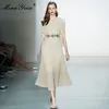 Moda Tasarımcısı Elbise Yaz kadın Elbise V Yaka Üç Çeyrek Kollu Sashes Boncuklu Aplike Katı Pileli Uzun 210524