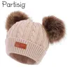 Baby Hat Crochet Dubbele Verwijderbare Pompom Hoed voor Baby Meisjes Winter Kinderkappen met Pompom Faux Bont Kinderhoeden Caps 211023